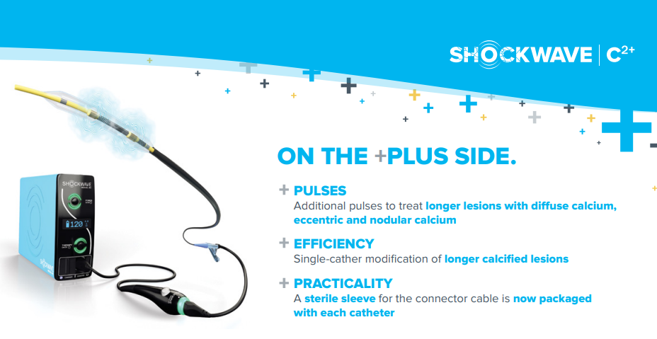The Shockwave Intravascular Lithotripsy (IVL) System with the Shockwave C2 and C2+ Coronary IVL Catheter is indicated for lithotripsy-enabled, low-pressure balloon dilatation of severely calcified, stenotic de novo coronary arteries prior to stenting.